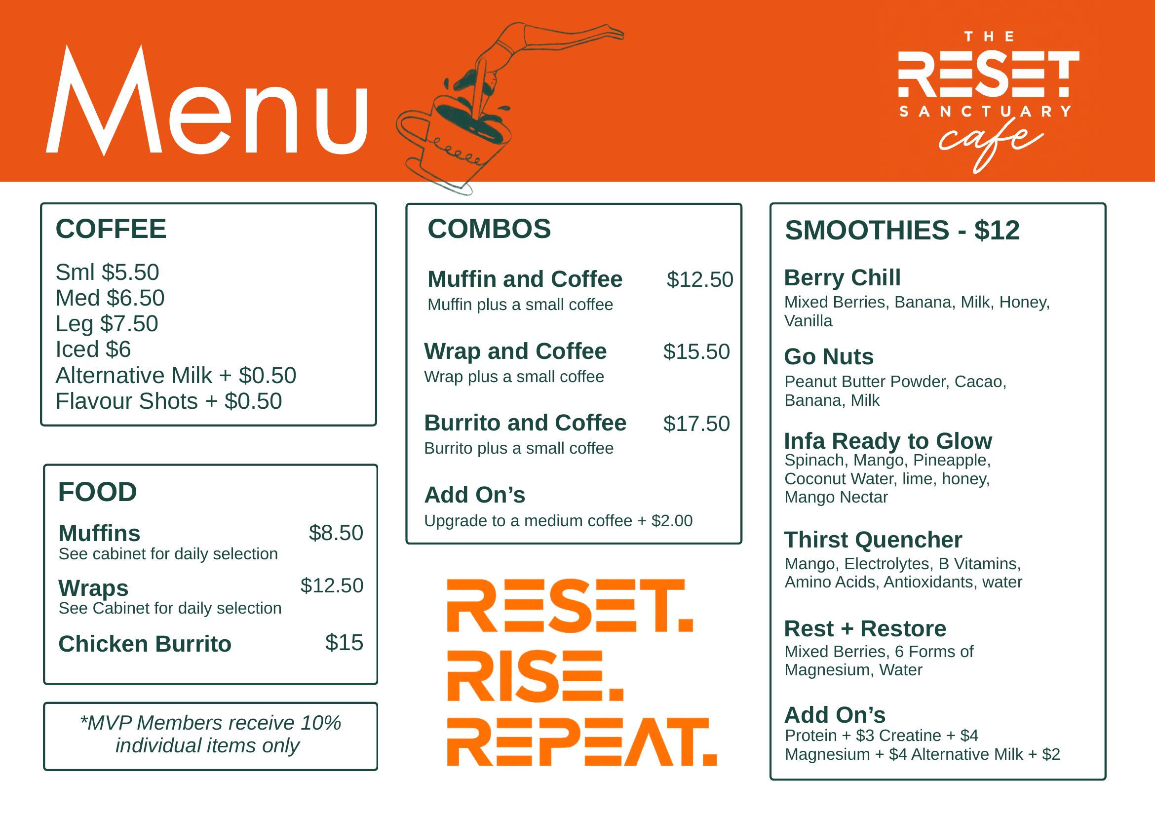 The Reset Sanctuary Cafe full menu
